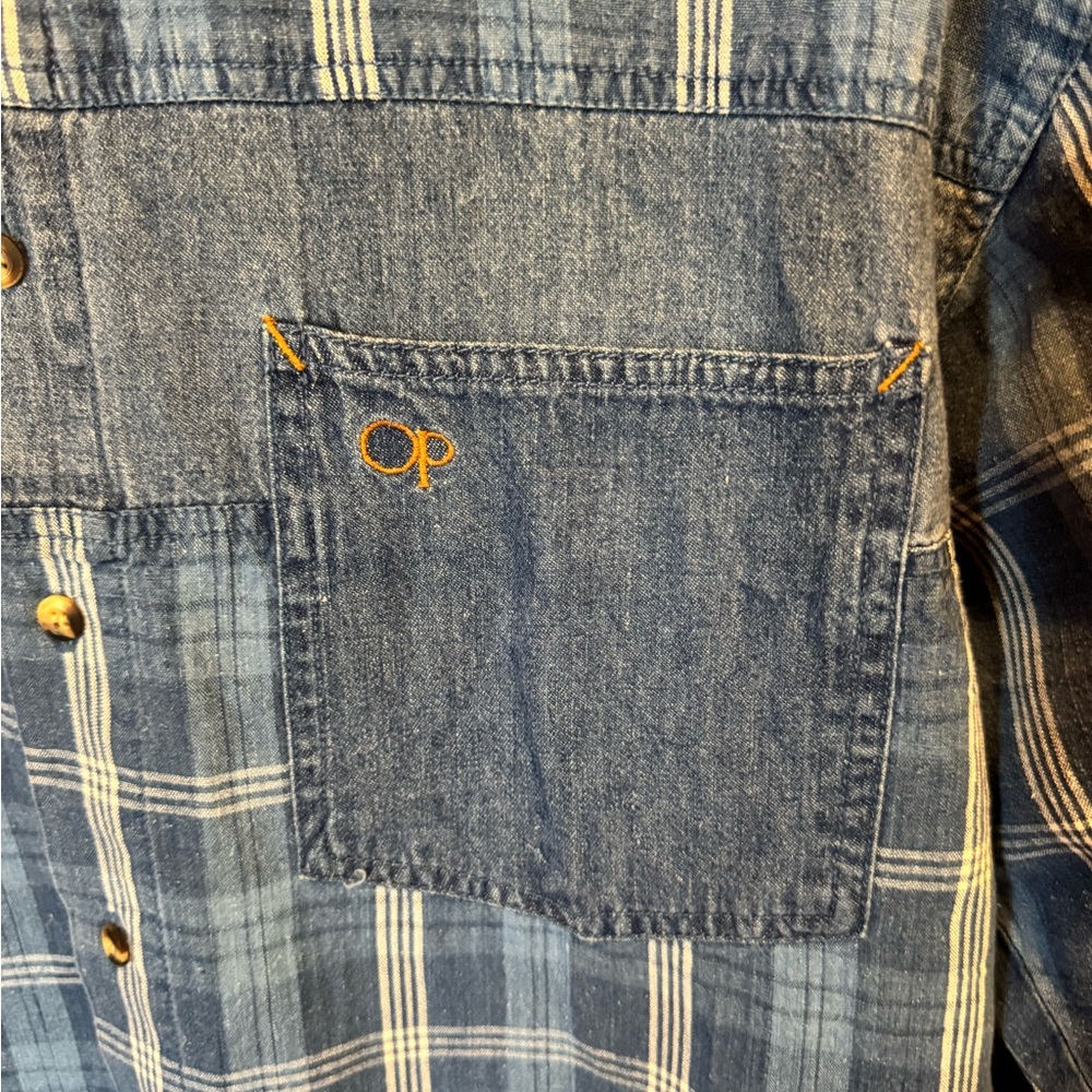 Vintage Checkered Plaid Denim Patch Ocean Pacific Long Sleeve Button Shirt‎ SML - Picture 2 of 9